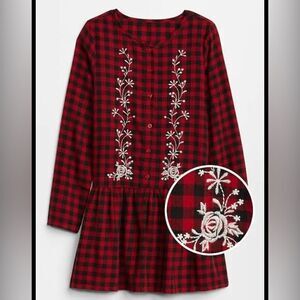 Gap Embroidered red Christmas Plaid button up ruffle shirt Dress girls XL